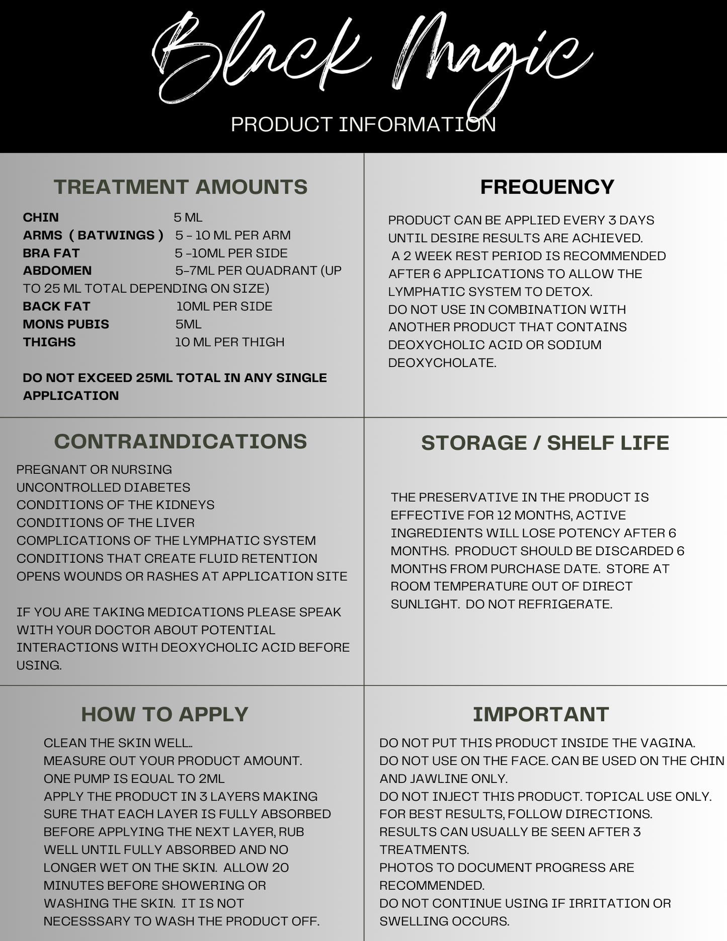 Black Magic product information sheet with treatment amounts, frequency, precautions and application instructions