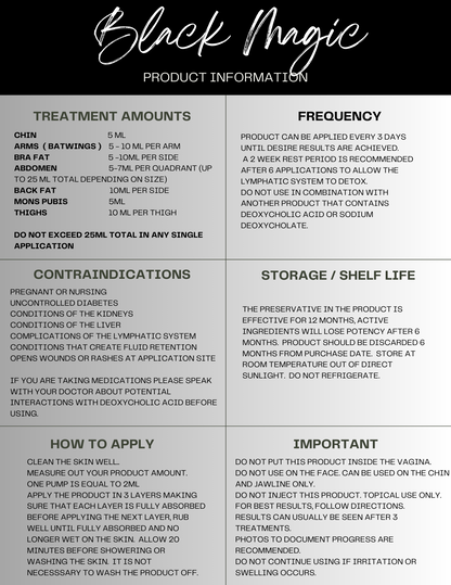 Black Magic product information sheet with treatment amounts, frequency, precautions and application instructions
