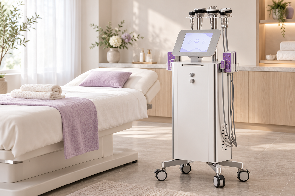 Bodynovas body contouring machine beside a treatment bed in a softly lit treatment room